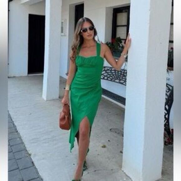 Zara Linen Blend Draped Green Dress New - Picture 7 of 10